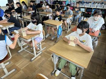 お金のレプリカを触る児童