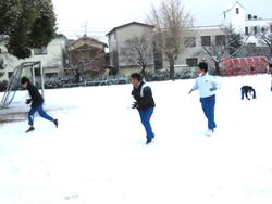 運動場で雪遊びをする三樹っ子たち