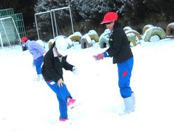 運動場で雪遊びをする三樹っ子たち
