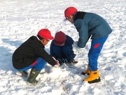 運動場で雪遊びをする三樹っ子たち