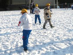 運動場で雪遊びをする三樹っ子たち