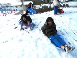 運動場で雪遊びをする三樹っ子たち