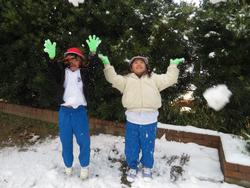 運動場で雪遊びをする三樹っ子たち