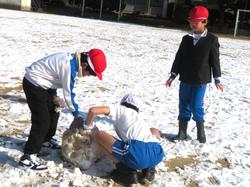 運動場で雪遊びを楽しむ三樹っ子たち
