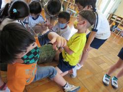 みんなで幼虫を見ています